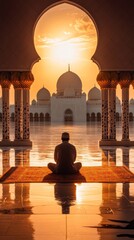Poster - A Muslim deeply immersed in prayer, surrounded by magnificent architecture, bathed in warm sunlight as it sets behind the grand mosque, creating a peaceful atmosphere.