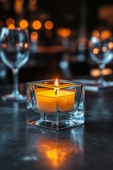 Poster - A close-up of a glowing candle in a glass holder, surrounded by blurred wine glasses and soft bokeh lights in a dimly lit setting