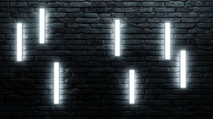 Poster - Futuristic interior design with dark brick wall and geometric neon light shapes