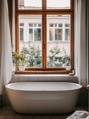 Fototapete - Elegant bathtub with natural light and greenery in a cozy bathroom setting during the day. Generative AI