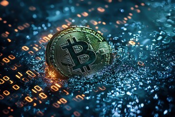 Poster - A close-up of a Bitcoin coin on a surface with abstract digital binary code background, symbolizing blockchain technology, cryptocurrency, and the digital economy.