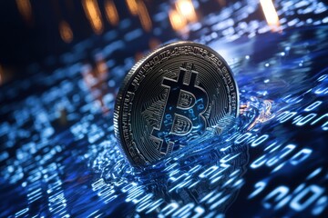 Poster - A Bitcoin coin resting on a surface of flowing blue digital data, symbolizing the intersection of cryptocurrency and blockchain technology in a financial future.