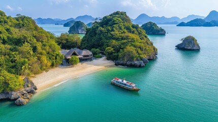 Wall Mural - tropical island beach view with a house and traditional wooden boat near
