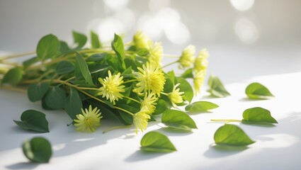 Poster - bright yellow flowers and green leaves arranged beautifully on a bright surface in a well-lit settin