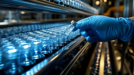 Aufkleber - In a sterile environment, a gloved hand reaches for a small glass vial among many neatly arranged in a chilled storage unit, ensuring proper handling of sensitive materials.