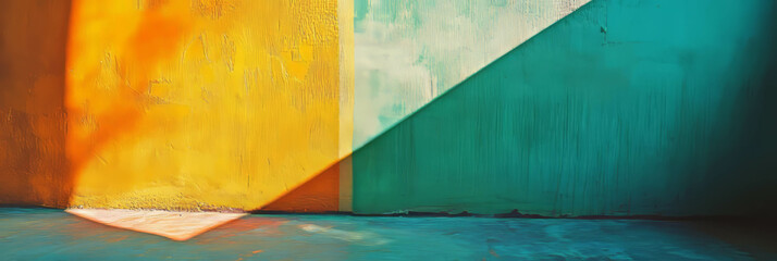 Poster - Vibrant duochrome texture of yellow green and blue wall with geometric shadow play