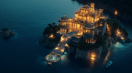 Wall Mural - mysterious illuminated castle reflects in waters near a rocky shore at dusk in a serene landscape