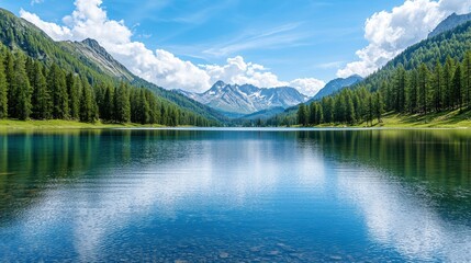 Naklejka na meble A serene lake reflects majestic mountains under a clear blue sky, bordered by lush green trees, creating a picturesque natural landscape.