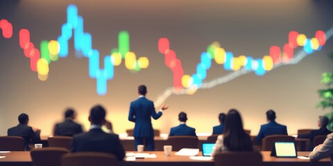 Poster - Business professional presents financial data to an engaged audience during a corporate meeting in a modern conference room