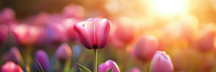 Poster - Pink tulips bloom in a vibrant field during golden hour with warm sunlight casting a beautiful glow. Generative AI