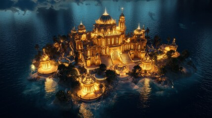 Wall Mural - mysterious illuminated castle reflects in waters near a rocky shore at dusk in a serene landscape