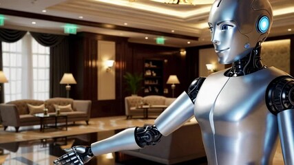 Poster - Sleek humanoid robot extending mechanical arm in welcoming pose, standing within opulent hotel lobby, showcasing advanced technological innovation through graceful slow motion movement