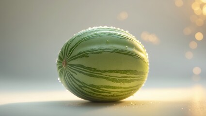 Poster - freshly harvested watermelon on a bright surface with droplets of water and sparkling background lig