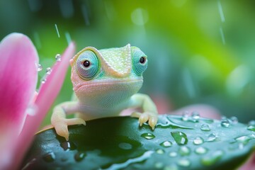 Wall Mural - Colorful chameleon perched on a vibrant leaf in a tropical rainforest with droplets of water