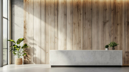 Poster - Modern interior with textured grey and cream wooden panel wall design