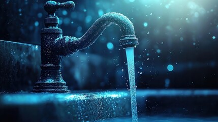 Poster - Water flows from a faucet, symbolizing data and technology in a modern setting