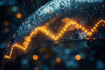 Poster - Raindrops sparkle on an illuminated umbrella creating a cozy atmosphere during a rainy evening in the city