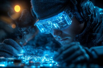 Poster - Close-up of a technician working on a glowing circuit board at night in a modern workshop