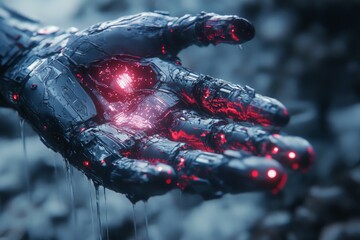 Poster - Futuristic robotic hand displaying a glowing core in a dark and industrial environment