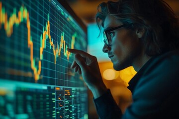Poster - Focused trader analyzing stock market data on a computer screen in a dimly lit office at night