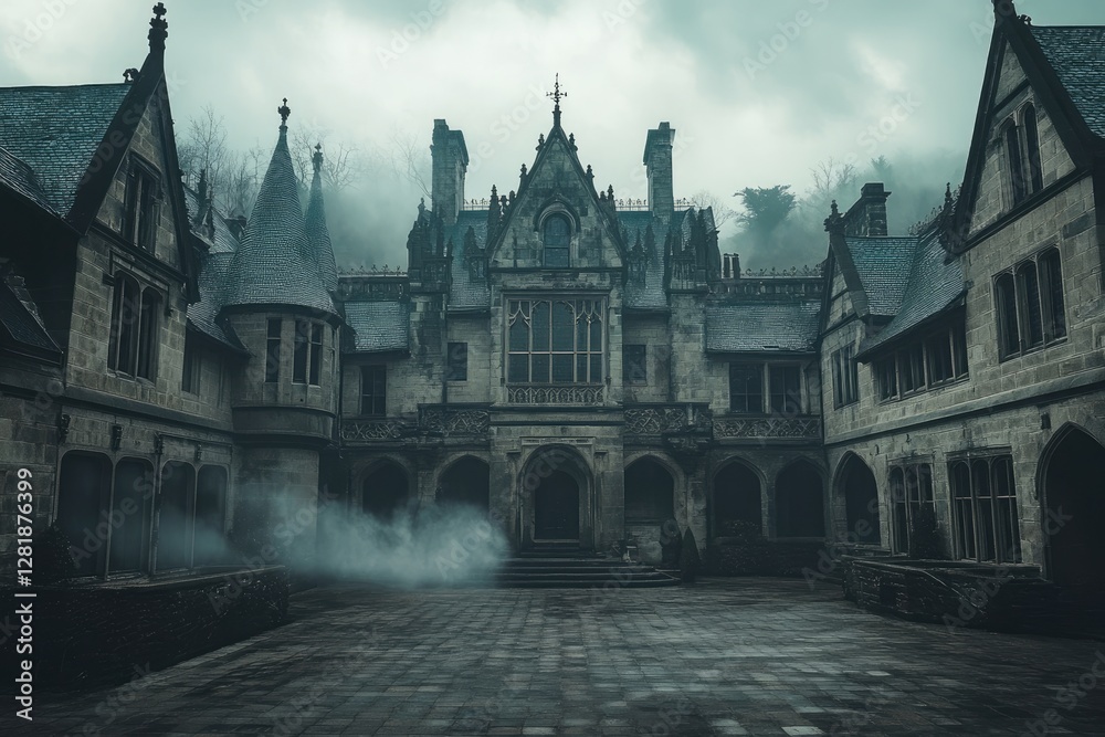 Gothic - style haunted castle house with fog rolling through the courtyard Stock Photo | Adobe Stock
