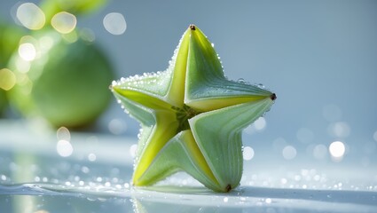 Poster - Unique star-shaped fruit glistening with water droplets in soft natural light at a fresh market