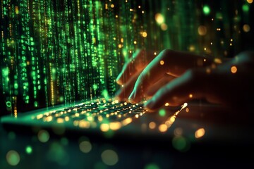 Poster - Hands typing on a keyboard with glowing green data streams and digital particles in the background