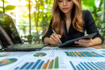 Poster - Professional woman analyzing data with charts and laptop in a lush indoor environment during daylight