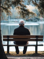 Aufkleber - Senior man sits peacefully on a bench by the lake at dawn surrounded by natures calm beauty. Generative AI