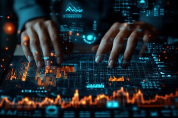 Poster - Hands engage with a digital interface displaying financial data and analytics in a modern workspace