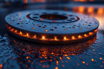 Poster - Close-up view of a modern brake disc illuminated by orange lights during a rainy evening