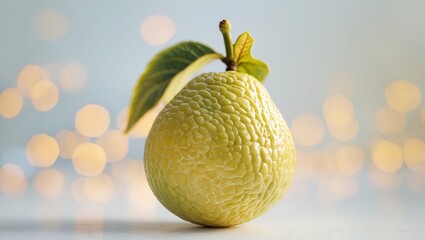 Poster - Fresh green fruit with textured skin illuminated by soft light against a blurred background of warm bokeh