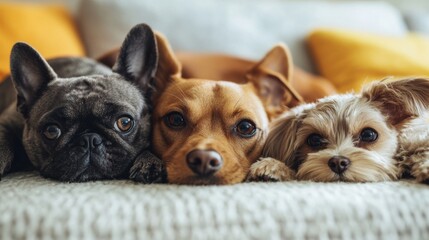 Aufkleber - Three adorable dogs relaxing together on a cozy sofa in a bright living room during the day. Generative AI