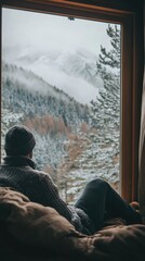 Poster - Cozy winter retreat with a person looking out at snowy mountain landscape through a large window. Generative AI
