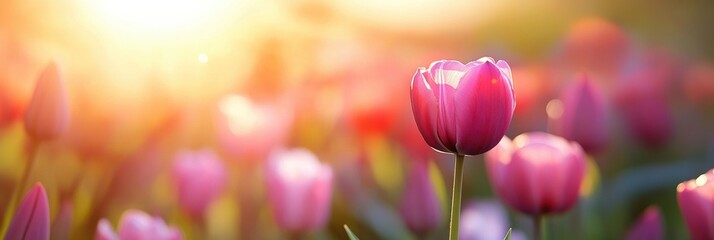 Poster - Pink tulips bloom beautifully under warm sunlight in a vibrant spring garden setting. Generative AI