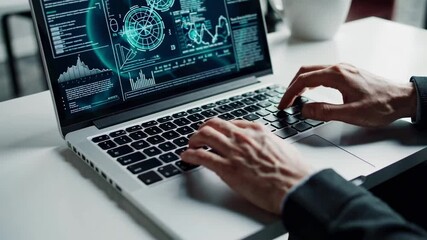 Aufkleber - Close up slow motion of male hands typing on laptop keyboard with futuristic holographic head up display interface, showcasing complex data analysis and engineering processes