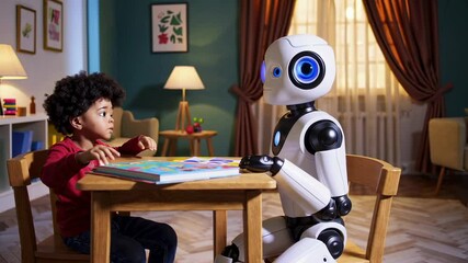 Poster - Humanoid robot assisting young learner during educational interaction, demonstrating advanced technological support in contemporary classroom environment