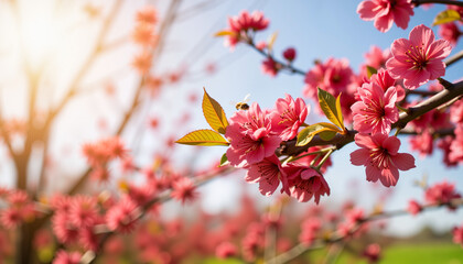 vibrant red bud branches blooming in spring against clear sky, nature's beauty