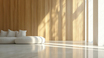 Poster - Serene interior with sunlit hardwood wall and minimalist white cushions