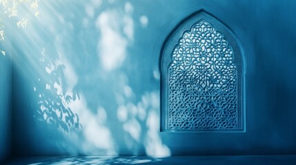 Poster - Beautiful patterns emerge as light gently streams through an ornate lattice window, casting intricate shadows on a soft blue background, creating an atmosphere of serenity and artistry.