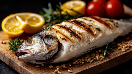 Wall Mural - Grilled fish, lemon, herbs, dark background, recipe