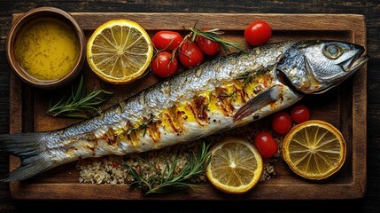 Wall Mural - Grilled fish, lemon, herbs, wood, food blog