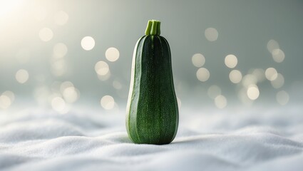 Poster - Fresh green zucchini standing upright on soft white surface with gentle light bokeh in the background