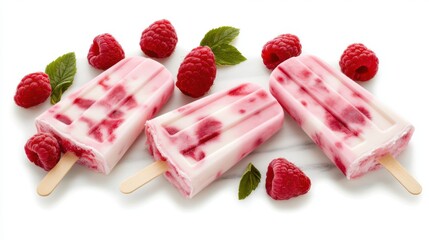 Wall Mural - creamy raspberry yogurt popsicles with marbled red raspberry swirls on white marble background, fresh raspberries scattered around, soft diffused lighting enhancing glossy texture