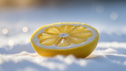 Poster - bright yellow lemon slice resting on a soft white surface with sparkling background highlights