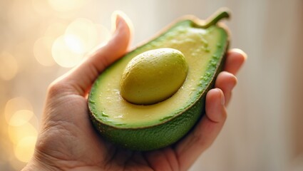 Poster - holding a fresh avocado with a smooth, ripe pit in illuminated kitchen setting