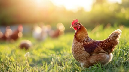 Poster - Sunset view of a rooster standing proudly in a lush green field with other hens nearby. Generative AI