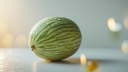Poster - Freshly picked striped melon with dew drops glistening in warm light on a smooth surface