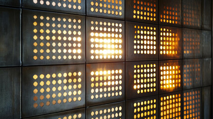 Poster - Abstract texture of metal mesh wall with colored light patterns for interior design concepts