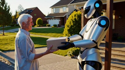 Aufkleber - Cutting edge humanoid robot delivering cardboard package to smiling senior at residential suburban doorstep, showcasing robotic assistance and technological innovation through slow motion capture
